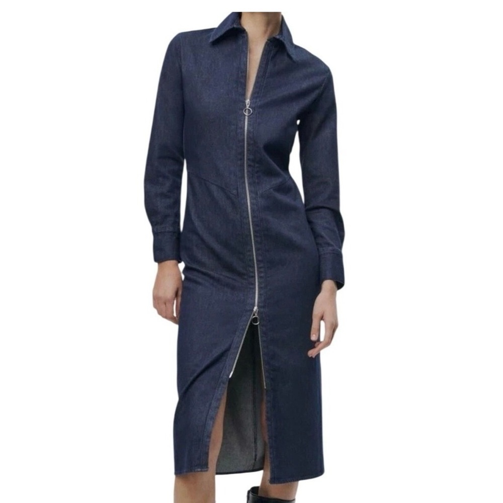 Zara Denim Zip Front Midi Dress Size Small Dark Wash Cotton Long Sleeve NWOT